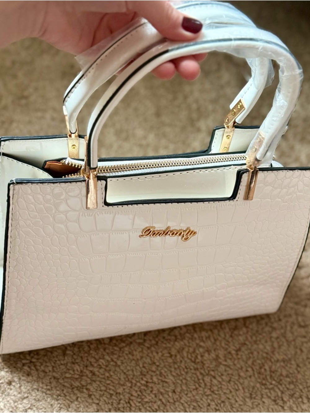 White Croc-Embossed Top-Handle Tote